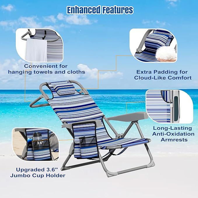 Lightweight Portable Beach Chair for Adults 350 LBS Capacity Backpack Beach Chair Reclining Beach Chair with 5-Position Lay Flat Large Cup Holder for Beach Camping Sports