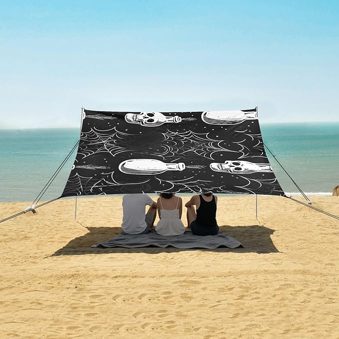ALAZA Skull Spider Web Beach Tent Sun Shelter UPF50+ Protection Beach Shade Canopy w/ 4 Sandbags for Outdoor Camping Fishing Backyard Fun Picnic 10x9 ft
