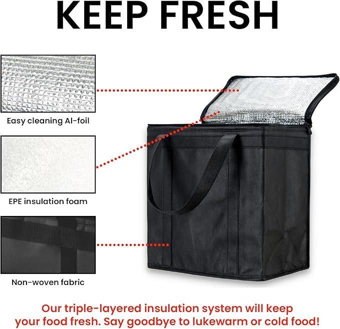 NZ home Insulated Bags for Food Delivery (Medium) Grocery Shopping Cooler Bag Pizza Delivery Hot &amp Cold Catering Tote Reusable Foldable &amp Heavy Duty (2 Pack Black)