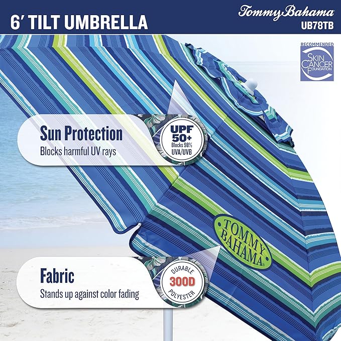 Tommy Bahama 6' UPF 50+ Tilt Beach Umbrella with Integrated Sand Anchor Wind Vent and Carry Bag