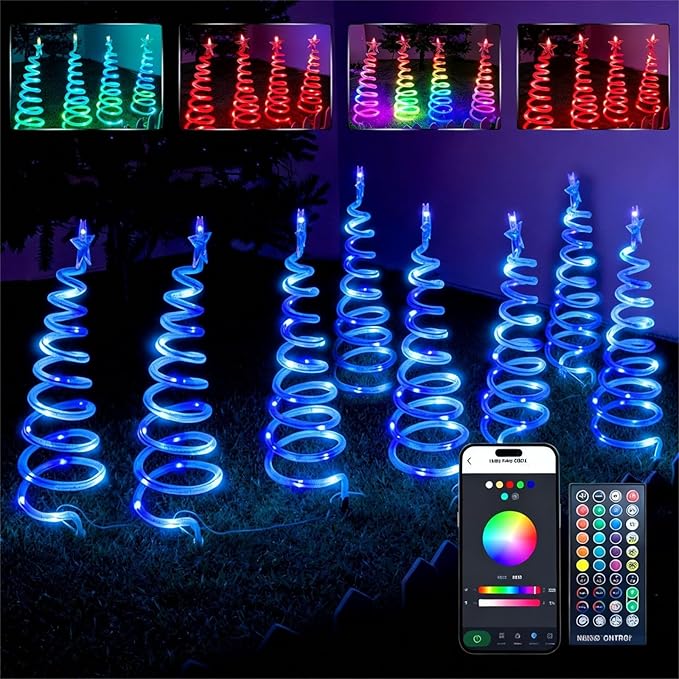 8 Pack Smart Christmas Pathway Lights Outdoor with Music Sync 100+ Lighting Modes Waterproof RGB Spiral Christmas Tree Path Lights for Yard Driveway Patio Garden &amp Landscape Spotlights LED Li
