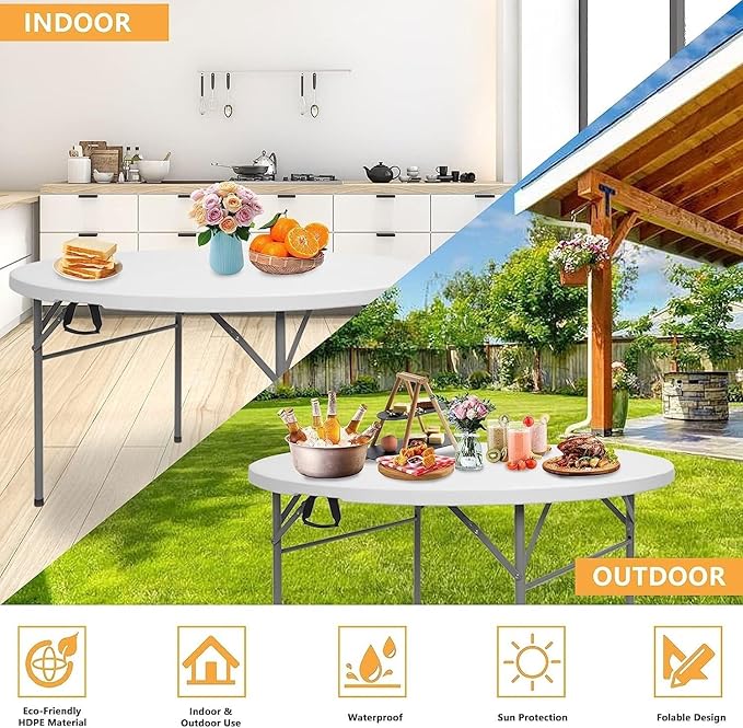 Camping Table 48 Round Bi-Folding Commercial Table 4 Feet Portable Plastic Dining Card Table for Kitchen or Outdoor Party Wedding Event 1-Pack(Quantity 1)