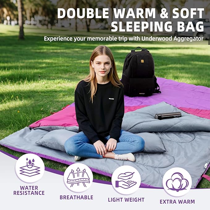 Double Sleeping Bag for Adults Kids - Lightweight 2 Person Sleeping Bag with Pillow Queen Size Waterproof Camping Sack Two Person for Girls Boys Youths Teens Compact for Cold Weather &amp Warm