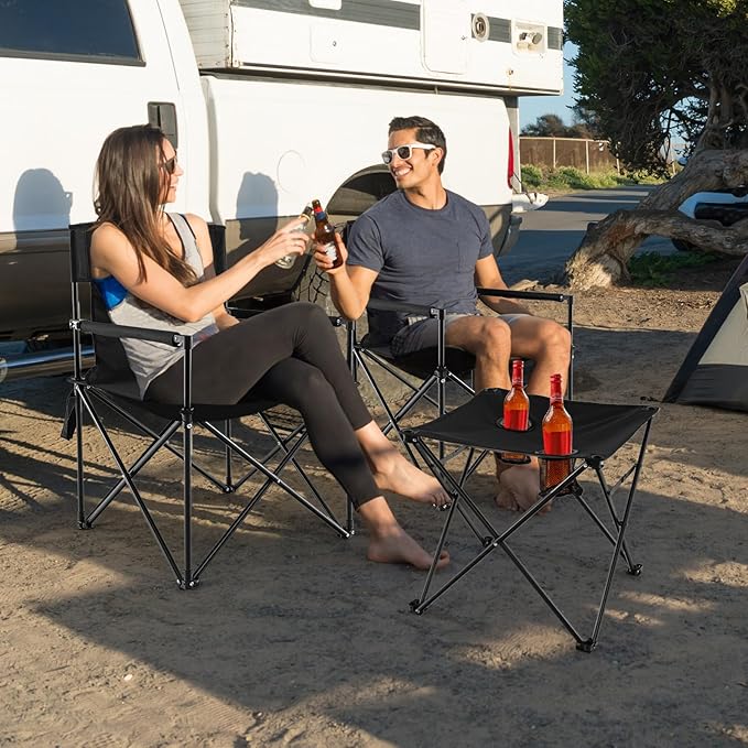 Giantex Camping Chair and Table Set - 3 Pack Folding Beach Chair with Side Table 2 Cup Holders Storage Pockets Carrying Bag 400 lbs Capacity Hammock Camping Chair for Fishing Hiking Picnic BBQ