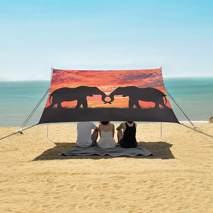 ALAZA Couple Elephant Sunset Beach Tent Sun Shelter UPF50+ Protection Beach Shade Canopy w/ 4 Sandbags for Outdoor Camping Fishing Backyard Fun Picnic 10x9 ft