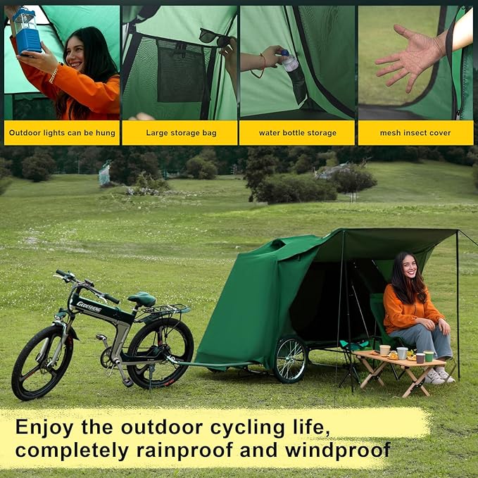 Premium Electric Bike Camper Trailer Tent Folding Waterproof Bicycle Camper with 16 Off-Road Wheels PU3000mm 2-Min Setup Elevated Sleeping with Mosquito Net for E-Bike Camping