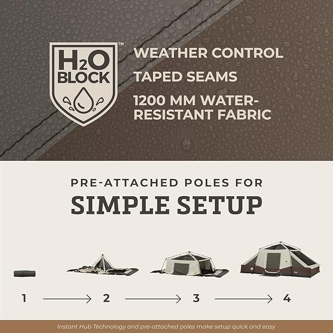 CORE Instant Cabin Tent with LED Lights | Large Family Lighted Pop Up Tent with Carry Bag for Camping Glamping and Backyard Adventures | Included Storage Pockets for Camp Accessories