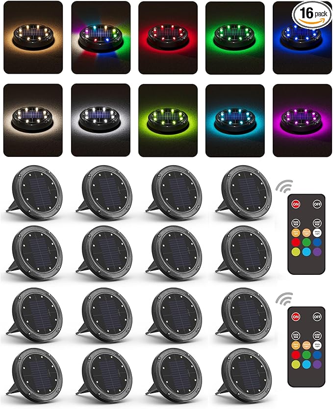 Color Changing Solar Ground Lights with 33ft Long Distance Remote Control - Flat Solar Light Outdoor Waterproof - Pathway Lights Solar Powered for Yard Decorative Outside Lawn Walkway [16 Pack]
