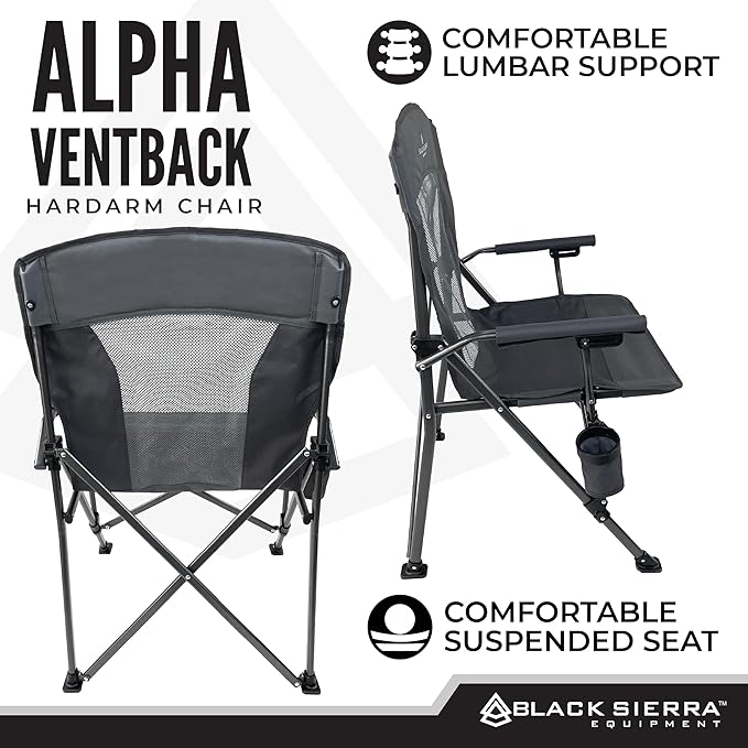 Black Sierra Camping Chair – Folding Portable Lawn &amp Beach Chair with Padded Hard Armrest Mesh Vented Back Spacious Cup Holder Carry Bag – Supports 300 lbs for Sports