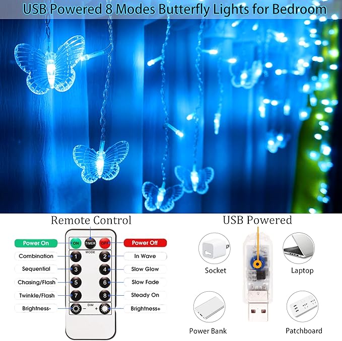 Blue Butterfly Curtain Fairy Lights USB Plug in120 LED 8 Modes 20FT Firefly Twinkle Icicle String Lights with Remote Timer Waterproof for Bedroom Christmas Wedding Party Dorm Decor