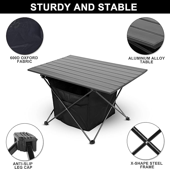 YSSOA Portable Folding Aluminum Alloy Camping Table with High-Capacity Storage and Carry Bag Large Size for Camping Traveling Hiking Fishing Beach BBQ Black