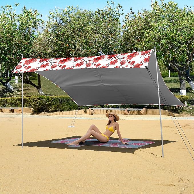 ALAZA Red Cherry Blossom Flower Beach Tent Sun Shelter UPF50+ Protection Beach Shade Canopy w/ 4 Sandbags for Outdoor Camping Fishing Backyard Fun Picnic 10x9 ft
