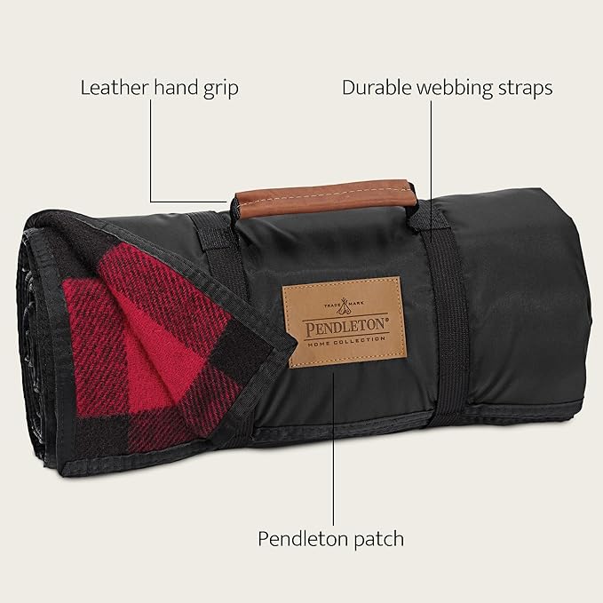 Pendleton Roll-Up Travel Blanket 60” x 70” Durable Wool Blanket with a Waterproof Nylon Backing Portable for Travel Camping and Picnics with Leather Handle Grip and Patch