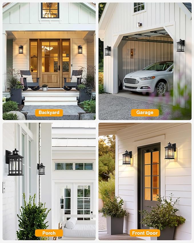 Motion Sensor Outdoor Light Adjustable Sensing Range 2 Pack Black Dusk to Dawn Exterior Lighting Fixtures with Seed Glass Aluminum Anti-Rust Outside Lights for House Garage Doorway Garden