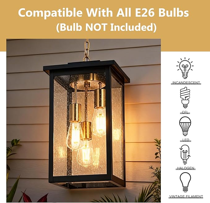 TODOLUZ 3-Lights Large Outdoor Pendant Light Waterproof Exterior Height Adjustable Hanging Lighting with Seeded Glass Panel &amp E26 Bulb Base Modern Porch Ceiling Lamp for Porch Patio Garden