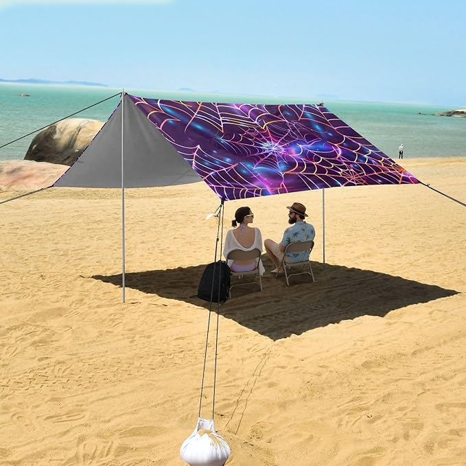 ALAZA Halloween Purple Spider Beach Tent Sun Shelter UPF50+ Protection Beach Shade Canopy w/ 4 Sandbags for Outdoor Camping Fishing Backyard Fun Picnic 10x9 ft