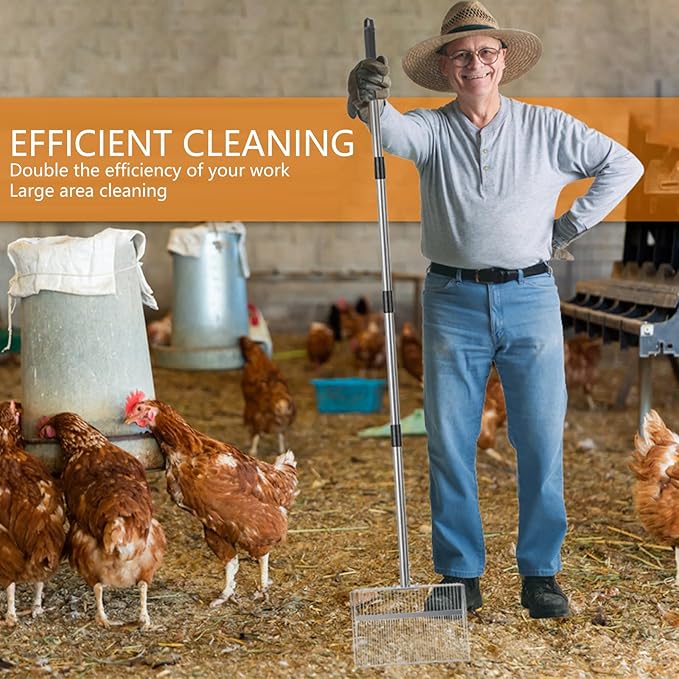 Adjustable manure shovel made of stainless steel with ergonomic and sieve plate for poultry farms. Durable manure shovel made of iron with rubber chain