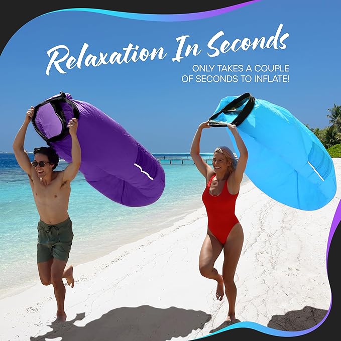 Nevlers Blue &amp Purple Inflatable Lounger 2 Pack | 210T Polyester Inflatable Chair | No-Pump Air Couch | Blow Up Couch Set w/ 450 lbs. Capacity Pockets &amp Carry Bags for Use as Beach Accessorie