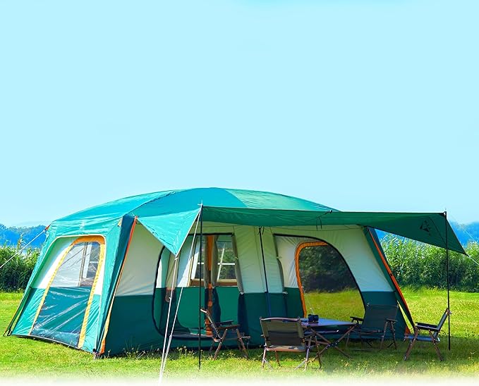 KTT Extra Large Tent 12-14 PersonFamily Cabin Tents2 RoomsStraight Wall2 Doors 4 Windows with MeshWaterproofStraight WallBig Tent for OutdoorPicnicCampingGathering(Brown)