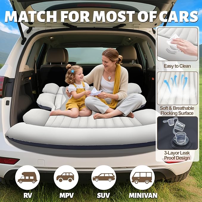 SUV Air Mattress Thickened Car Air Mattress with Electric Pump Air Mattress for SUVs with 2 Pillows Flocking Inflatable Bed for Cars car Bed for SUV Trunk Camping Road Trip (Gray)