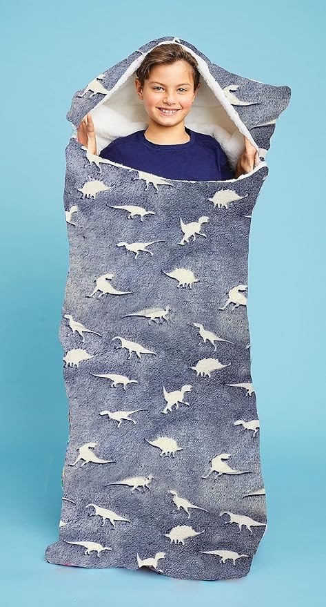 iscream Glow in The Dark 70 x 28.5 Faux Sherpa-Lined Silky Silky Fleece Zippered Sleeping Bag - Dinosaur Friends