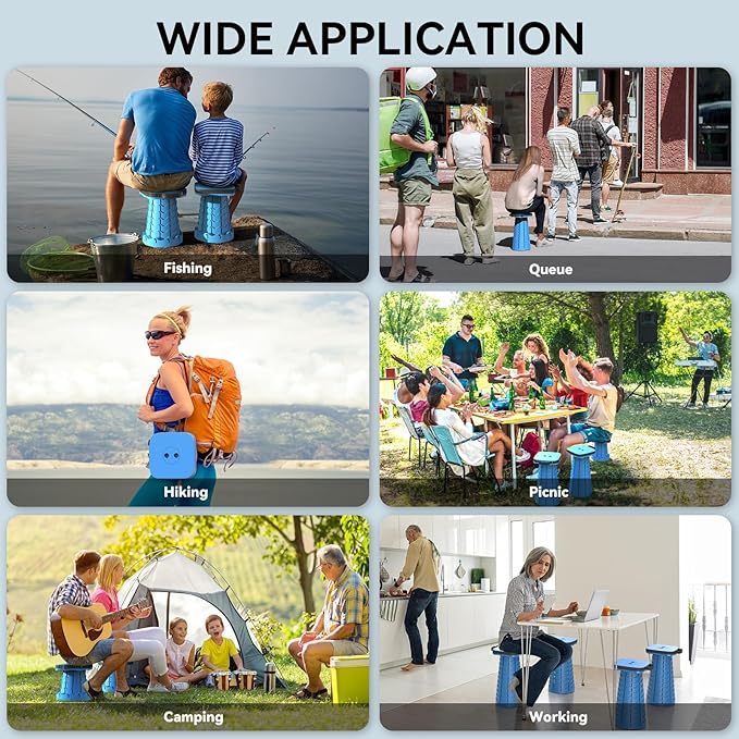 2025 Upgraded Collapsible Stool Portable Folding Stool Telescoping Camping Stool with Max Load Capacity 485lbs Square Retractable Seat for Camping Gardening Fishing Hiking BBQ [Blue]