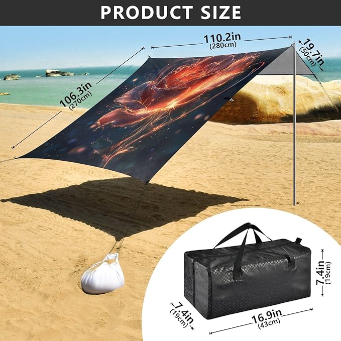 ALAZA Lighting Rose Flower Fantastic Beach Tent Sun Shelter UPF50+ Protection Beach Shade Canopy w/ 4 Sandbags for Outdoor Camping Fishing Backyard Fun Picnic 10x9 ft