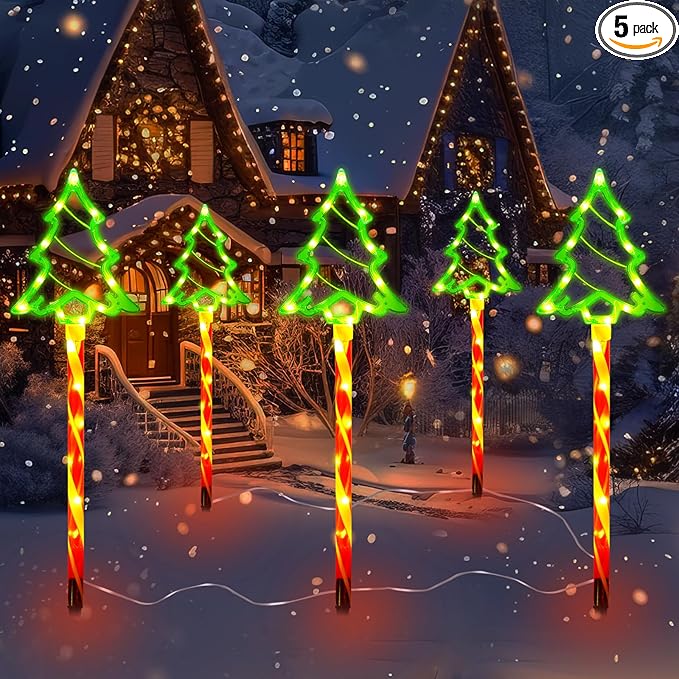 Outdoor Christmas Decorations Lights 5 in 1 Candy Cane Christmas Tree Lights with 8 Modes Christmas Pathway Lights Outdoor Waterproof LED Christmas Outside Lights for Yard Path Garden Decor