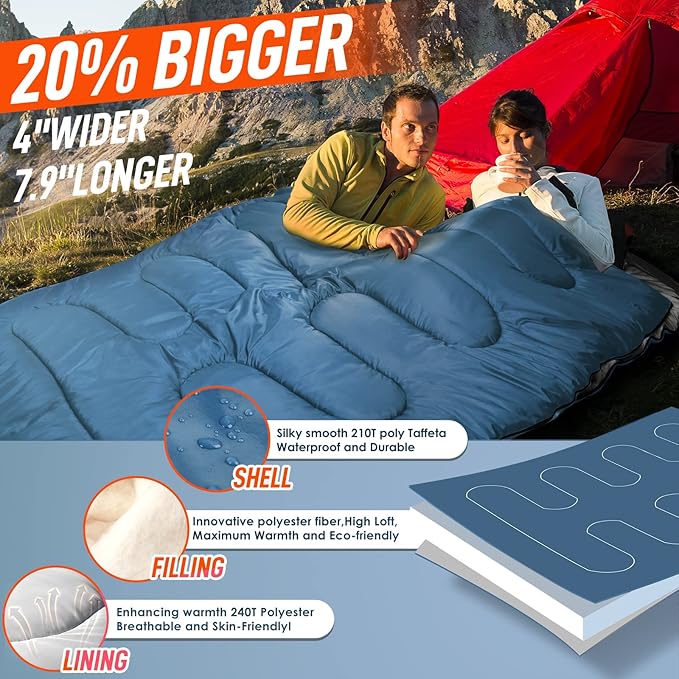 MEREZA Double Sleeping Bag for Adults Mens with Pillow XL Queen Size Two Person Sleeping Bag for All Season Camping Hiking Backpacking 2 Person Sleeping Bags for Cold Weather &amp Warm