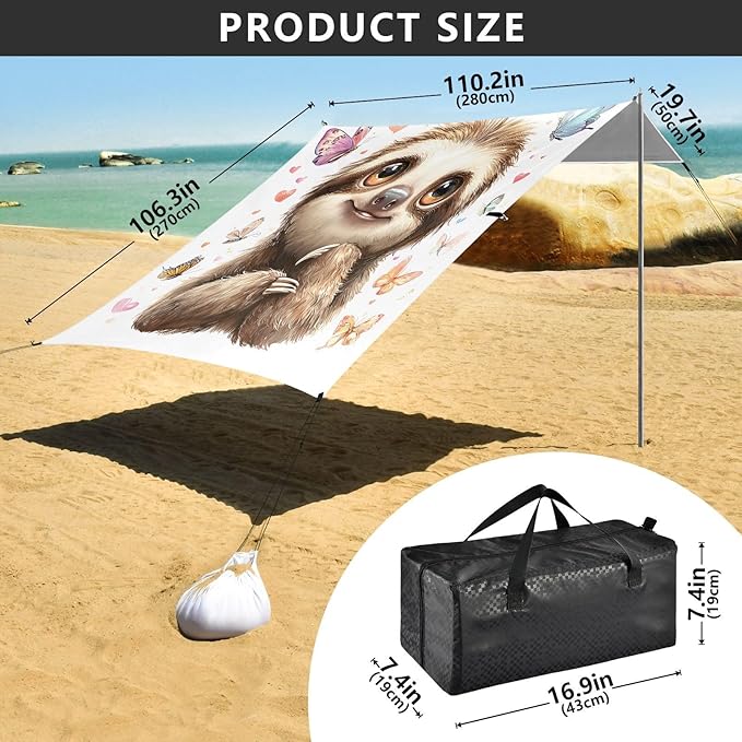 Bolaz Beach Canopy Tent Sun Shade9'×10.5' Large Family Beach Shade UPF50+- Outdoor Shade for Camping Trips FishingSloth Butterflies