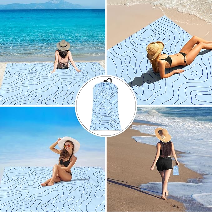 Beach Blanket Waterproof Sandproof 78''×86'' Large Sand Free Picnic Blanket for 1-4 Adults Big Foldable Blue Beach Travel Mat with 4 Stakes &amp Corner Pockets for Outdoor Grass Park Patio