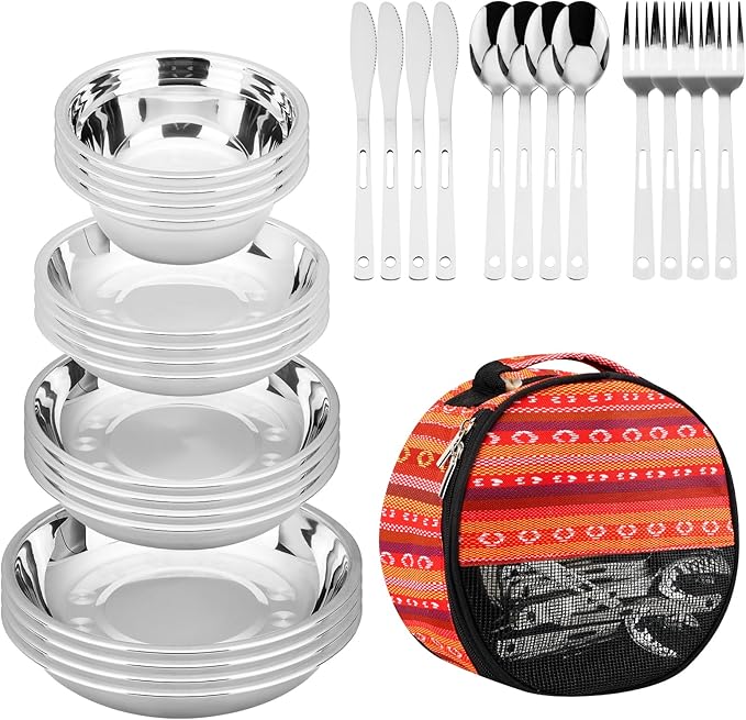 Camping Mess Kits - 28pcs Camping Dinnerware Set Camping Gifts Camping cookware Sets Camping Accessories Camping Cooking Utensils Set Bowls Plates Knives Forks Spoons