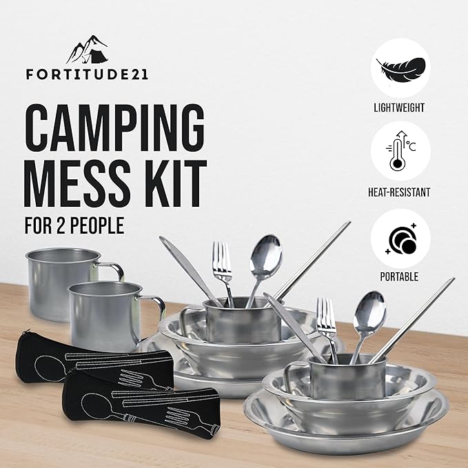 Stainless Steel Camping Mess Kit - Person's Complete Picnic &amp Camp Dish Set Includes Plate Bowl Cup &amp Utensils