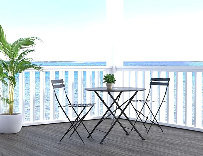 Carolina Chair &amp Table Bistro Set of 2 Foldable Outdoor Chairs - Elegant Powder Coated Metal Seat and Frame Folding Chairs - Modern Style Space Saving Furniture for Patio Balcony or Garden (Black