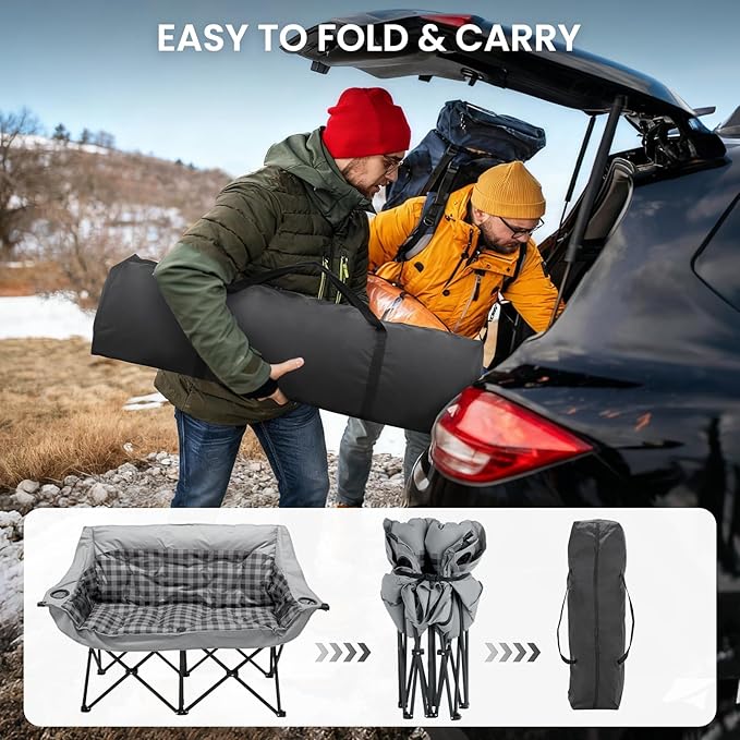 Slsy Double Camping Chair Extra Padded Loveseat for 2 Prson Heavy Duty Folding Loveseat with Cup Holders for Camping Fishing or Hunting