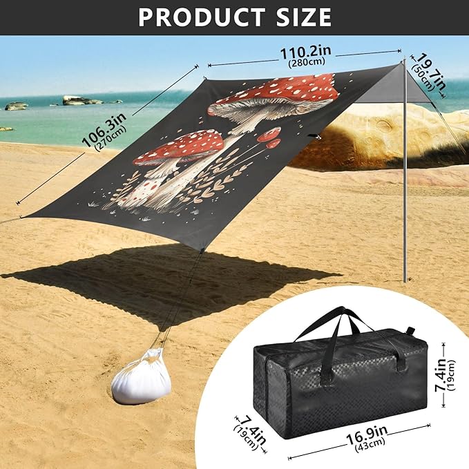 Red Mushroom Beach Tent Sun Shelter 9.2' x 10.5' Beach Canopy with 4 Sandbags 4 Stability Poles Sand Shovels - Tent Canopy for Beach Camping Fishing Picnics
