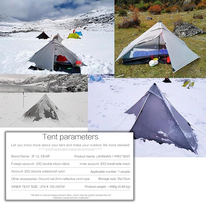3FULGEAR Lanshan1 Pro Outdoor Ultralight Camping Tent for 1 Person 3/4 Season Professional 20D Nylon Double Sided Silicone Tent Camping Trekking Kayaking Climbing Hiking