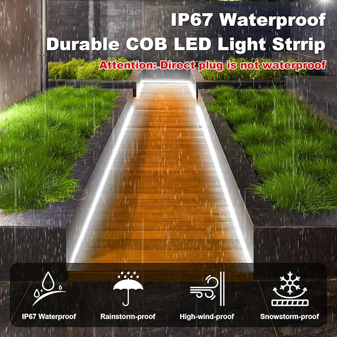 IP67 Waterproof COB LED Strip Lights AC 110V-120V Direct Plug 66FT Super Bright Outdoor Strip Lights with Double Fuse Controller 6500K White LED Strips for Garden Patio Commercial Decor