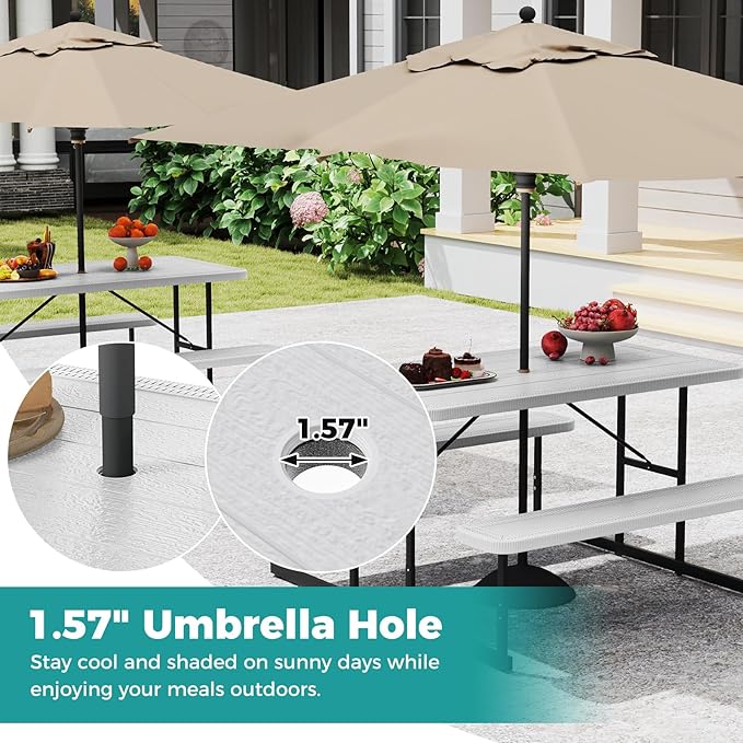 Giantex Picnic Table Bench Set for 4 People 4.5FT Outdoor Rectangular Dining Table &amp 2 Benches w/Umbrella Hole HDPE Tabletop Metal Frame Patio Garden Backyard Poolside (4.5FTNon-FoldableWhit