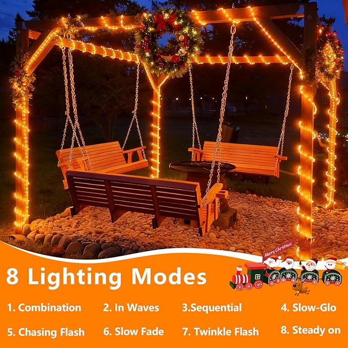 YEGUO Solar Christmas Light Outdoor Waterproof 66ft 200 LED Orange Rope Lights 8 Modes Tube String Lights in Clear Thin Tube