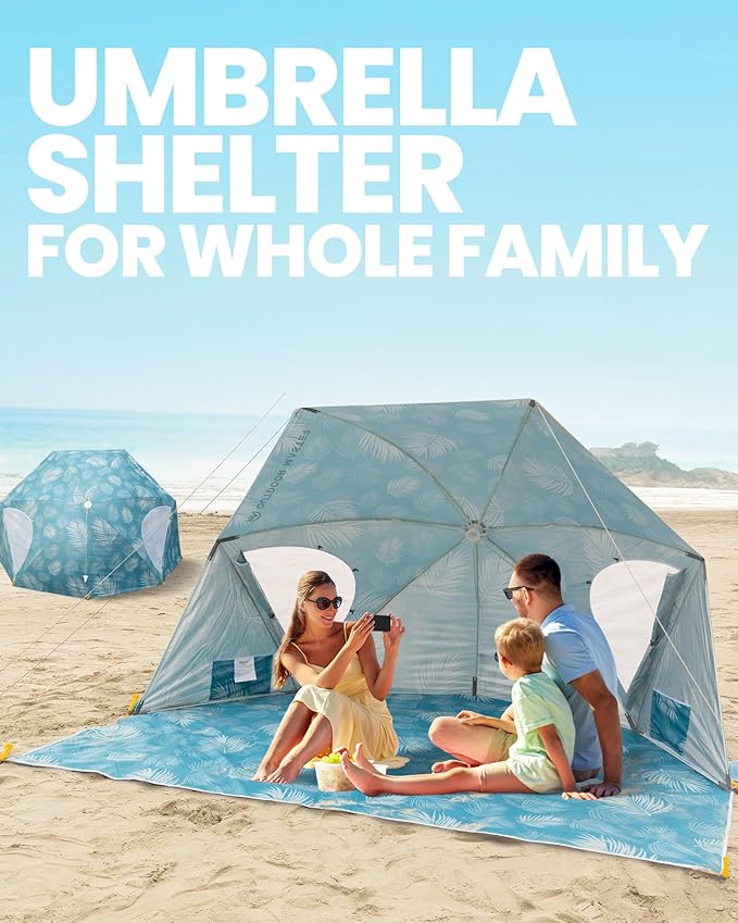 OutdoorMaster Pop Up Beach Umbrella Portable Beach Tent Shelter Beach Shade Sun Canopy with UPF 50+ UV Protection Extendable Floor with Carrying Bag