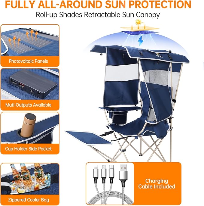 Nice C Chair with Canopy Umbrella Chair Chairs with Shade Sports Chairs USB Type-C&ampDC Charging Cable Included 30W Solar Panels Removable Footrest&ampCooler Bag (1 Navy)