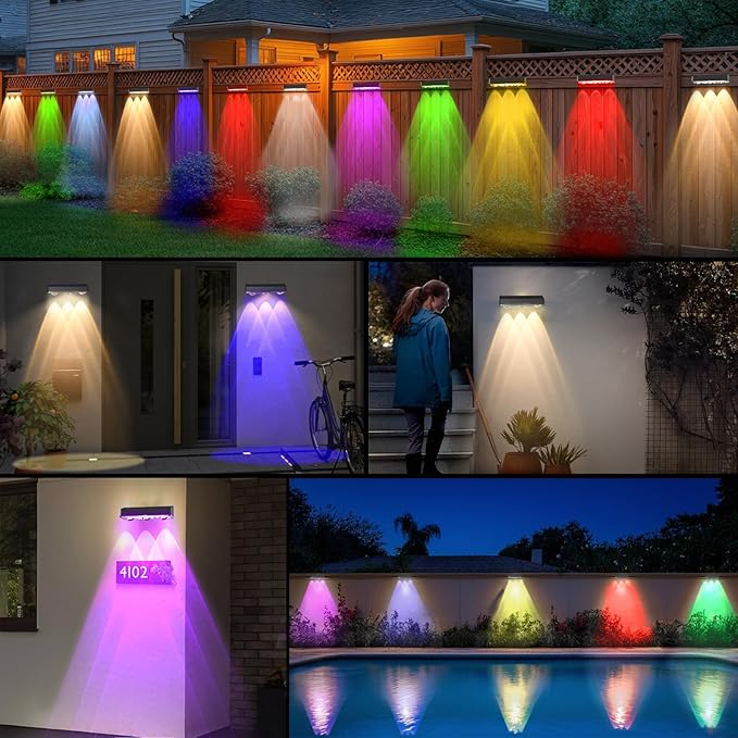 RGB Solar Fence Light 10 Colors Outdoor Lighting Set 2 Modes Solar Powered LED Lights IP65 Waterproof Solar Wall Lights Screw Wall Mount Step Light Auto On Off Dusk to Dawn Deck Light
