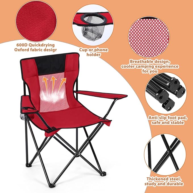Shellwei 2 PCS Folding Camping Chair with Cupholder and Carry Bag Regular Size Colorful Breathable Portable Lightweight Lawn Chair with Side Pocket for Fishing Hiking Beach Outdoor Activity