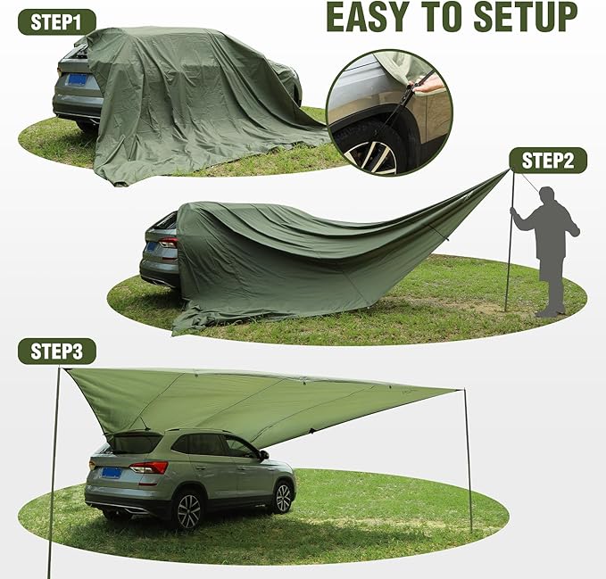 REDACMP 19ft x17ft Large Car Awning Tarp with 2 Poles &amp 2 Suction Cup Hooks Waterproof Camping Tarp Hammock Rain Fly with UV Protection Sun Shelter for SUVVanOverland CampingTailgate CanopyGr
