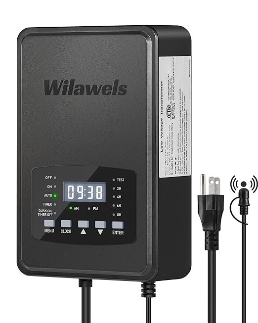 600W Low Voltage Landscape Transformer Weatherproof Outdoor Low Voltage Transformer 120V AC to 12/14V AC Landscape Lighting Transformer with Timer and Photocell Sensor ETL Listed D15LT06