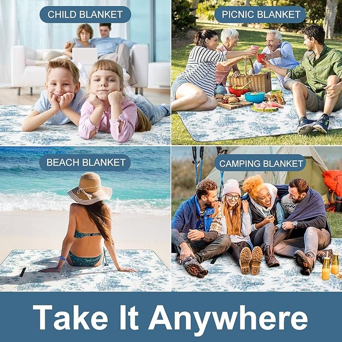 Blue Chinoiserie Toile Chinese Style Waterproof Outdoor Picnic Blanket Sandproof Beach Mat for Camping Hiking Grass Travelling