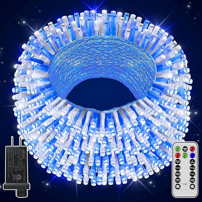 Christmas Lights Outdoor Waterproof 196FT 600LED String Lights with Remote8 Modes LED Lights Plug in Twinkle Fairy Light for Party Holiday Decor (Blue+White)