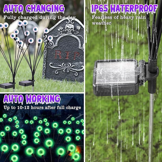 ASMAD Scary Solar Eyeball Lights Waterproof Swaying Firefly Path Lights for Outdoor/Halloween Decorations/Garden/Yard/Patio/Party Decor Green Eyeball 4 Pack 32 LEDs