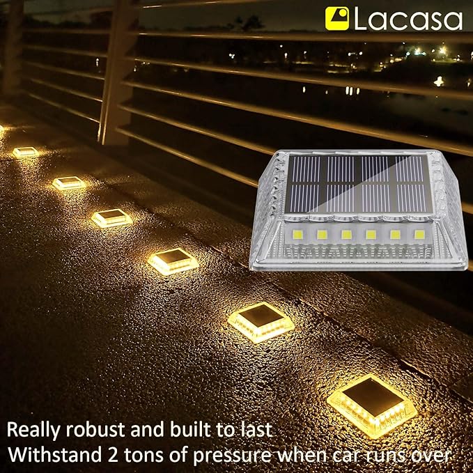 Lacasa Solar Deck Lights 8 Pack 30LM LED Dock Lights Warm White 2700K Outdoor Solar Powered Step Lights Light up All Night IP68 Waterproof Auto ON/Off for Garden Stairs Driveway Pathway Lighting